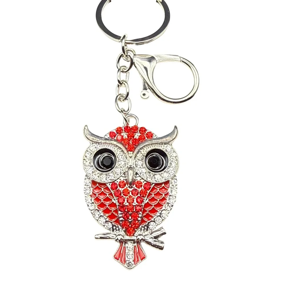 Red Rhinestone Crystal Owl Keychain‎ Silver Tone Metal Bag Charm Purse Accessory